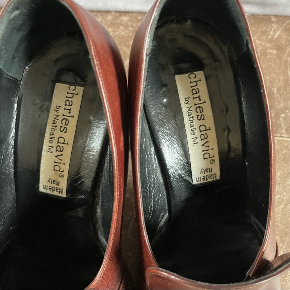 Vintage CHARLES‎ DAVID Brown Leather Block Heels Shoes Womens 37 Made In Italy - Picture 10 of 10